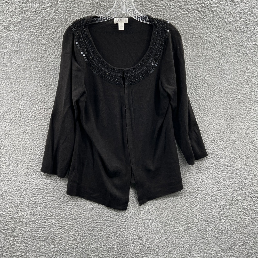 LOFT Womens Top L Black Embellished Scoop Neck Holiday Evening Office Blouse